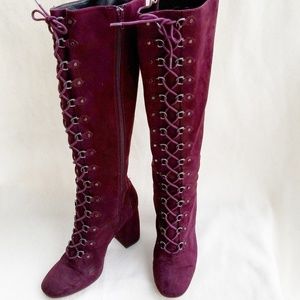 Bcbg Suede Burgundy Lace Up Knee High Boots